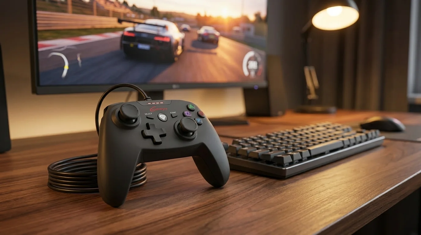 Černý drátový gamepad Genesis P58 na dřevěném stole před monitorem se spuštěnou závodní hrou a klávesnicí.