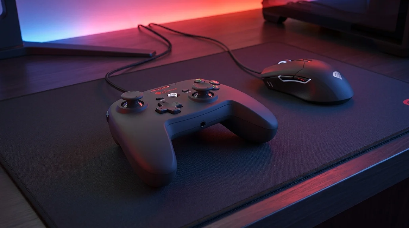 Černý drátový gamepad Genesis P58 a herní myš na černé podložce s červeným a modrým podsvícením v pozadí.