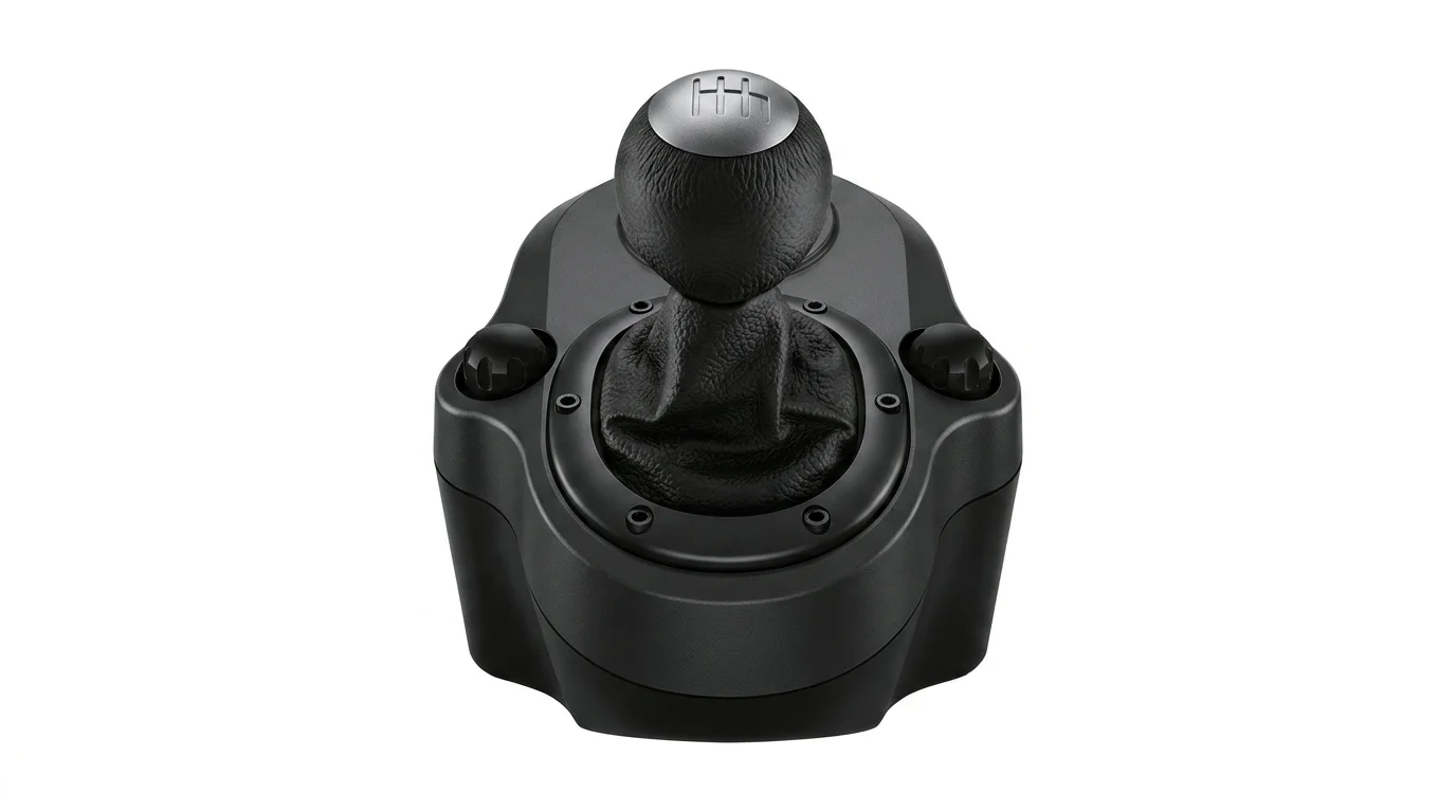 Černá řadicí páka Logitech Driving Force Shifter s koženou hlavicí a stříbrným schématem řazení na bílém pozadí.
