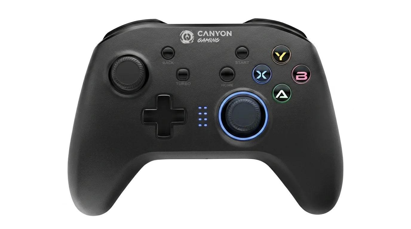Černý bezdrátový gamepad Canyon GPW3 s podsvícenými tlačítky, dvěma páčkami a směrovým křížem na bílém pozadí.