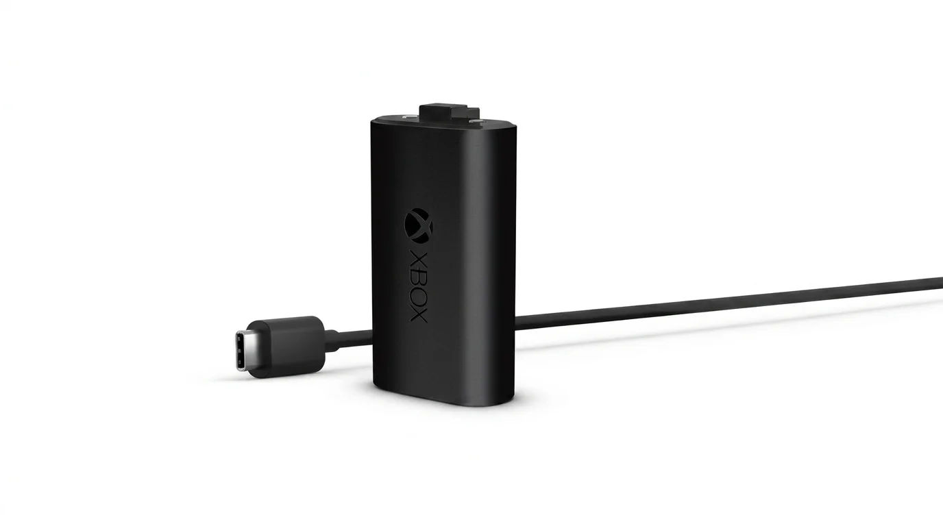 Čierna dobíjacia batéria Xbox s logom a čierny USB-C kábel na bielom pozadí.