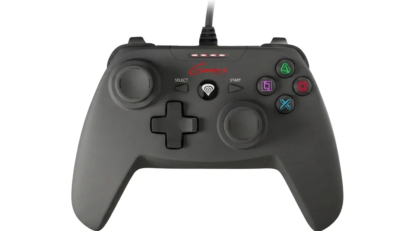 Tmavě šedý drátový gamepad Genesis P58 se dvěma analogovými páčkami, směrovým křížem a akčními tlačítky.
