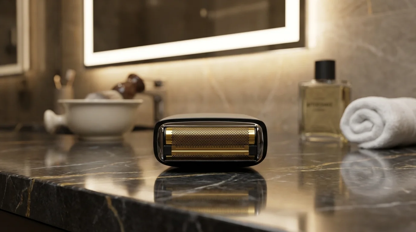 Detail zlaté planžetové hlavy holicího strojku BaByliss FS991SE položeného na tmavé mramorové desce v koupelně.