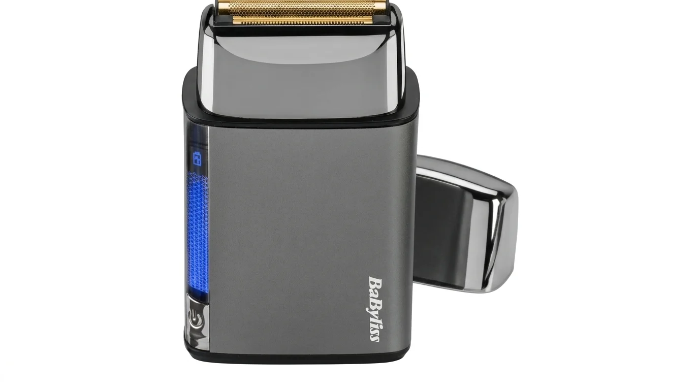 Pánský planžetový holicí strojek BaByliss FS991SE v kovovém těle se zlatou planžetou a modrým LED indikátorem.