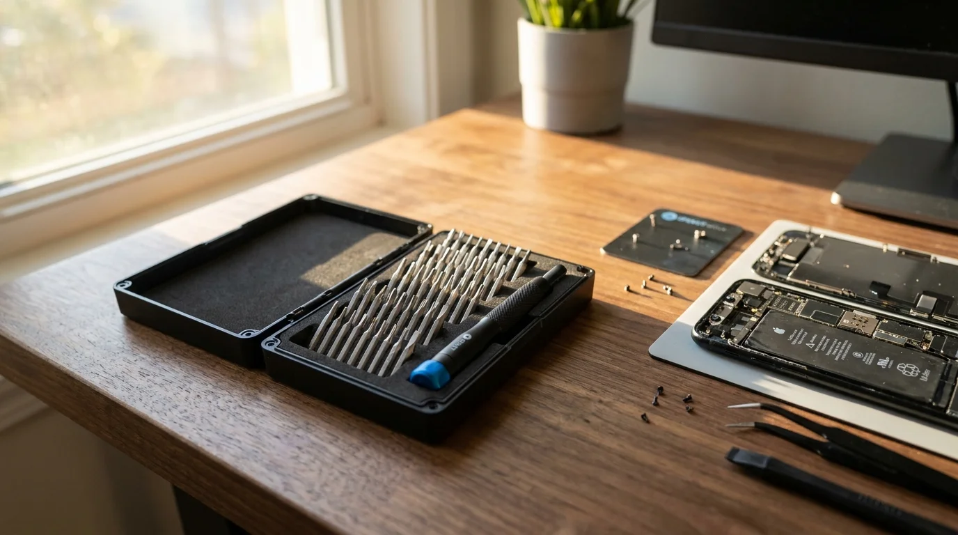 Otevřená sada pro opravu elektroniky iFixit Precision s bity a šroubovákem leží na dřevěném stole vedle rozebraného chytrého telefonu.