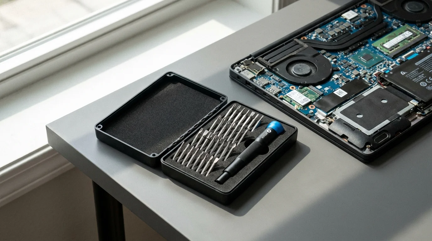 Otevřená sada pro opravu elektroniky iFixit Precision s bity a šroubovákem leží na stole vedle rozebraného notebooku.