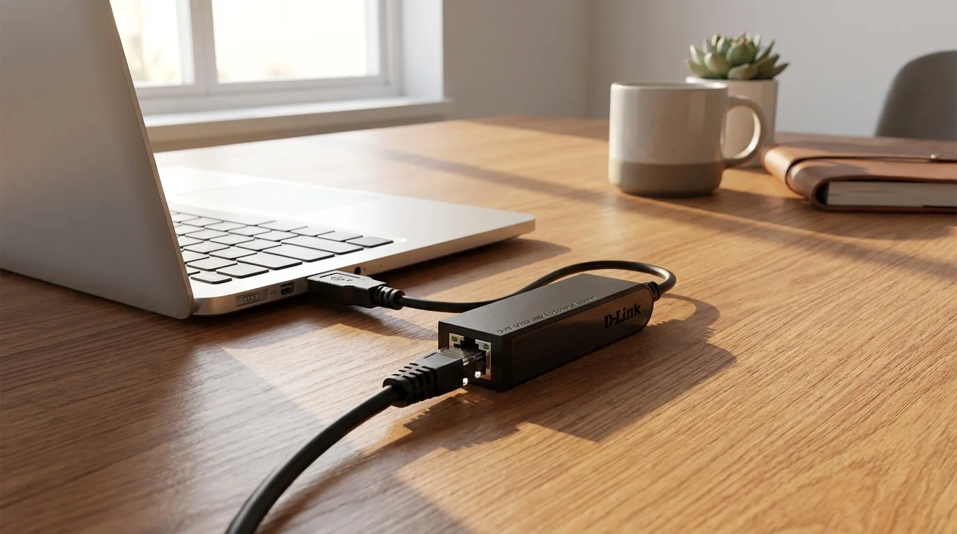 Čierny USB adaptér D-Link DUB-E100 pripojený k notebooku a ethernetovému káblu na drevenom stole.