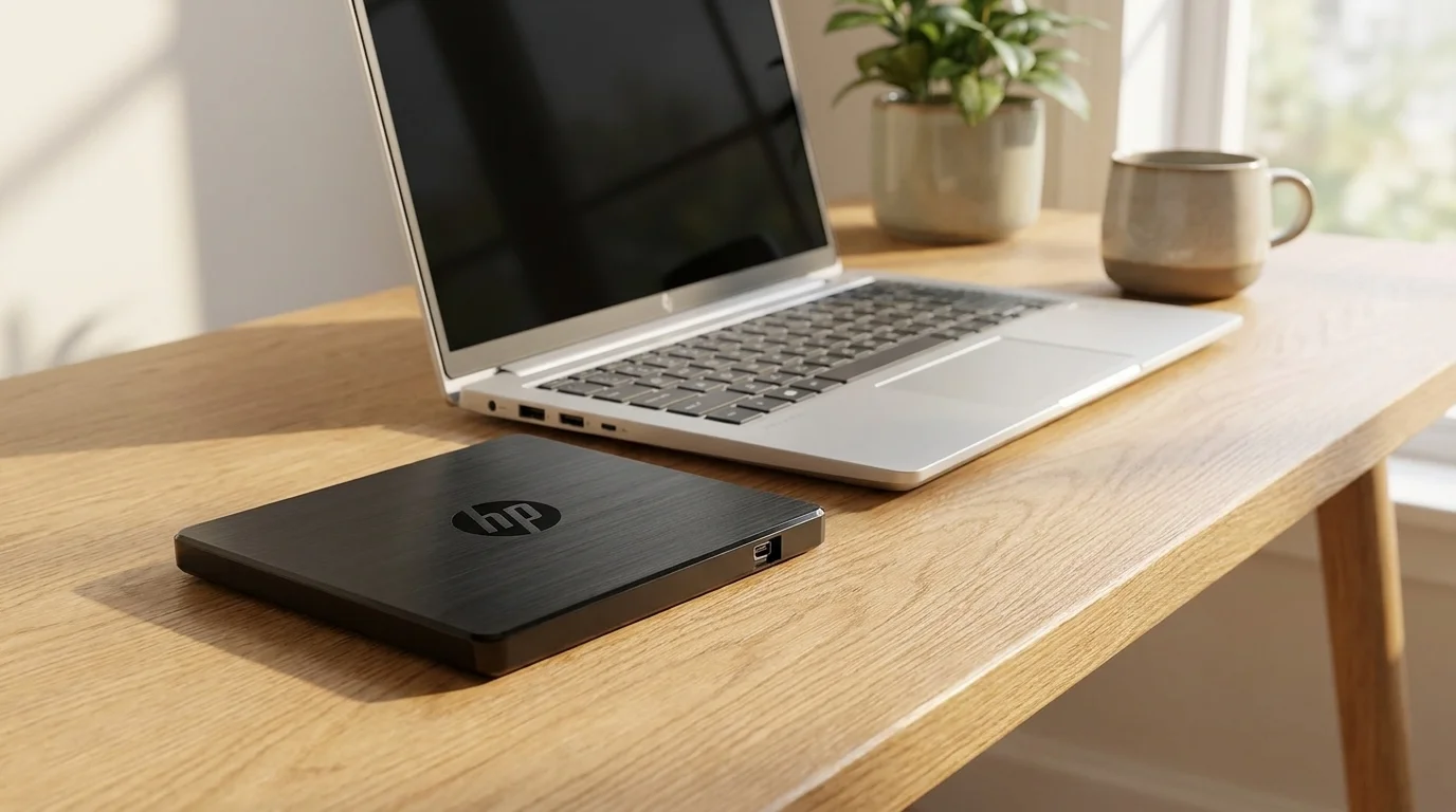 Černá externí mechanika HP s broušeným povrchem leží na dřevěném stole vedle stříbrného notebooku.