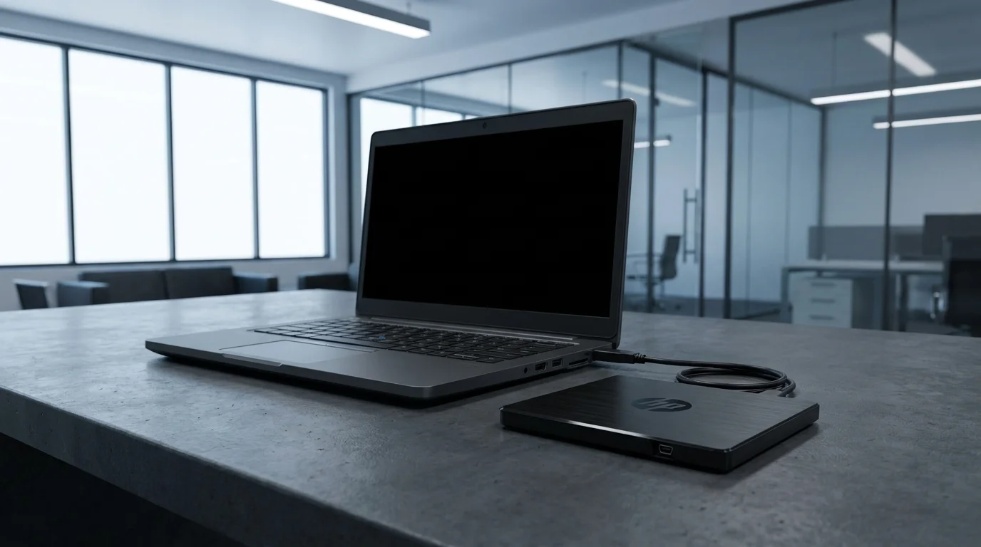Černý notebook na stole připojený k tenké externí mechanice HP USB DVD+/-RW v moderním kancelářském prostředí.