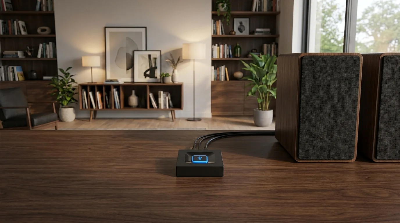 Černý adaptér Logitech Bluetooth Audio se svítícím modrým symbolem na dřevěném stole vedle reproduktorů.