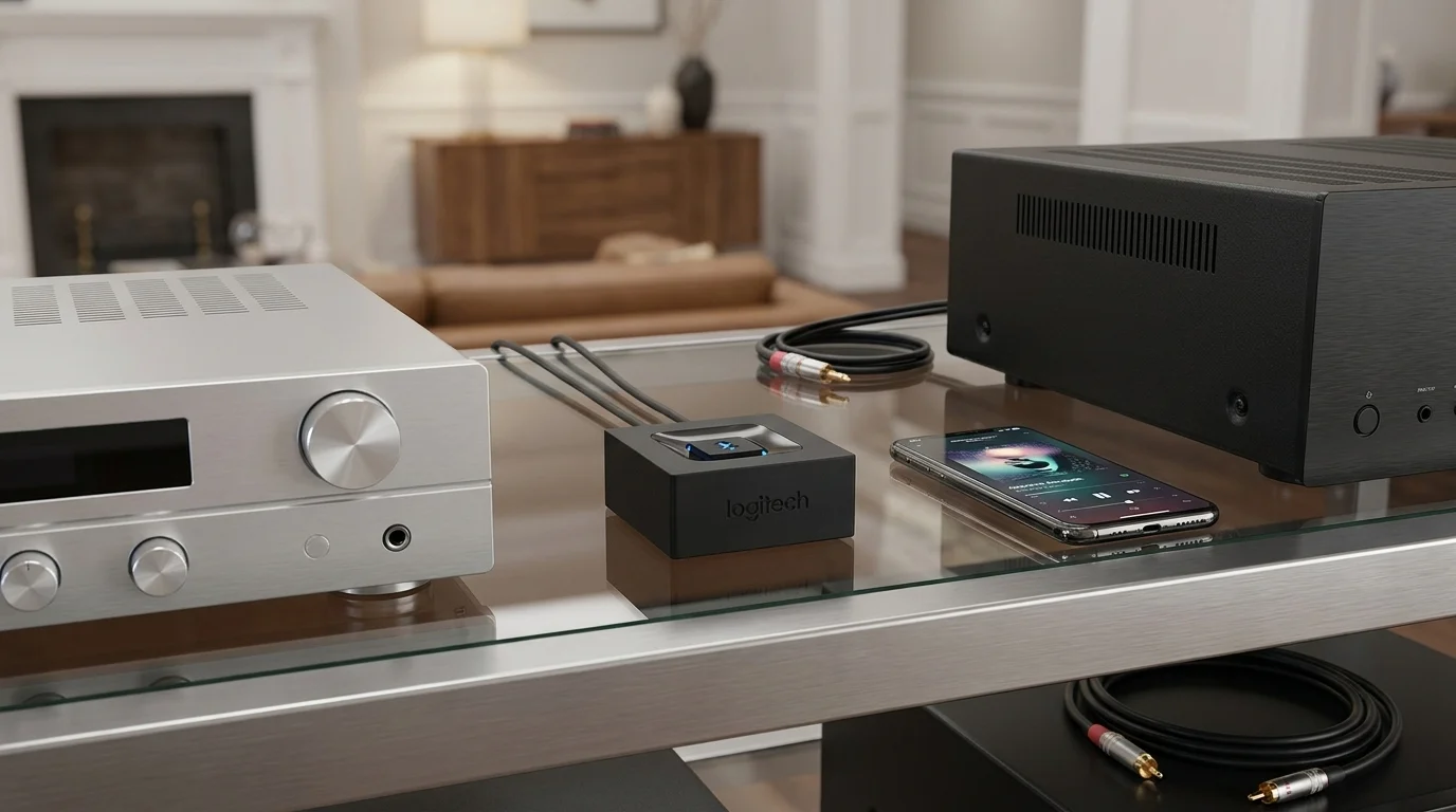 Černý adaptér Logitech Bluetooth Audio na skleněném stolku vedle chytrého telefonu a audio techniky.