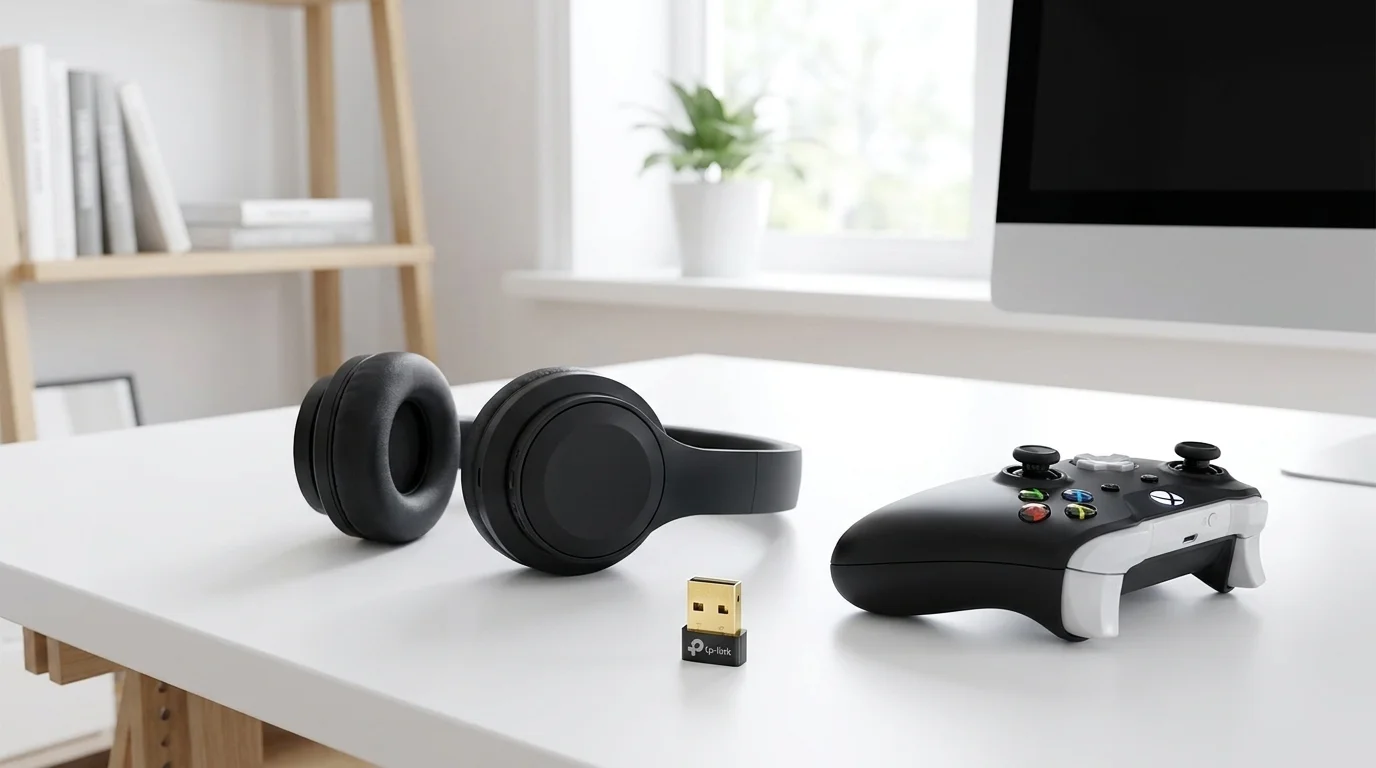 Miniaturní Bluetooth adaptér TP-Link UB400 na bílém stole vedle černých bezdrátových sluchátek a herního ovladače.