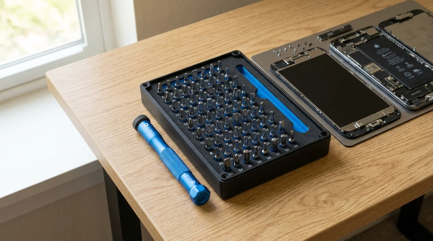 Modrý šroubovák iFixit a otevřené pouzdro se 64 precizními bity na dřevěném stole vedle rozebraného mobilního telefonu.