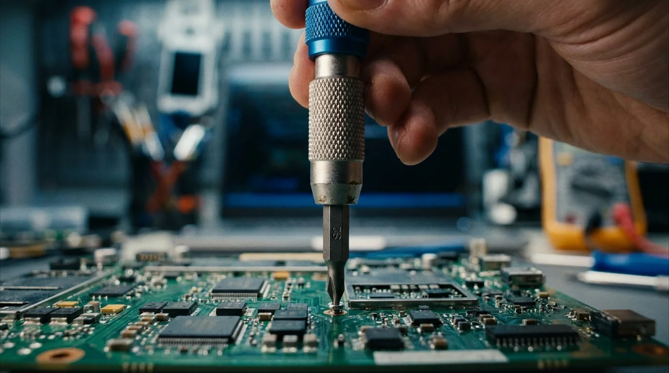 Ruka držící precizní šroubovák iFixit s modrou otočnou koncovkou při práci na zelené desce plošných spojů.