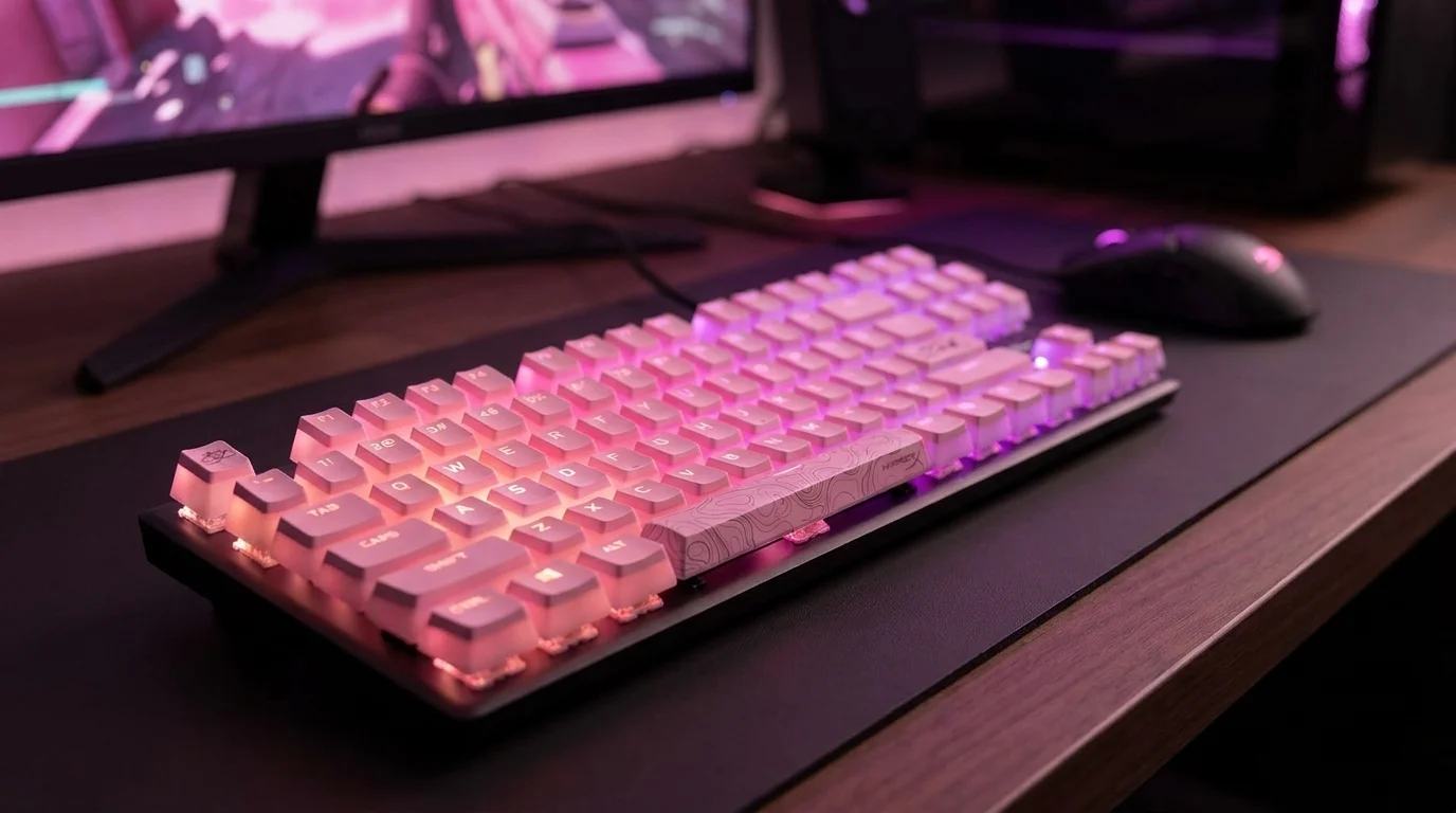 Mechanická klávesnica s ružovými klávesmi HyperX Pudding Keycaps a ružovým podsvietením na čiernej podložke.