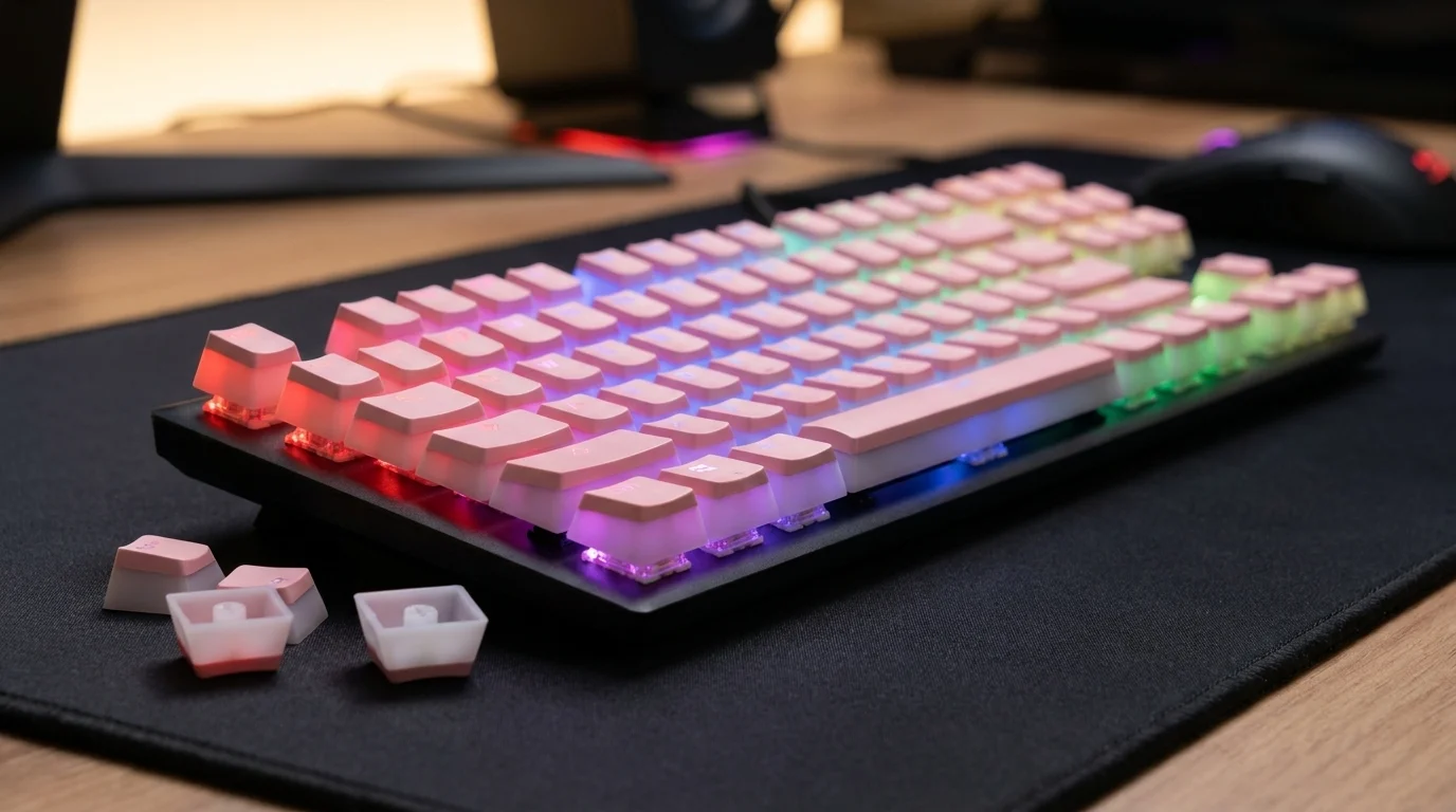 Mechanická klávesnica s ružovými klávesmi HyperX Pudding Keycaps a farebným RGB podsvietením, vedľa ktorej leží niekoľko voľných klávesov.