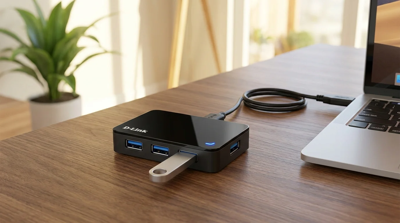 Černý USB hub D-Link DUB-1340 s připojeným stříbrným flash diskem leží na dřevěném stole vedle notebooku.