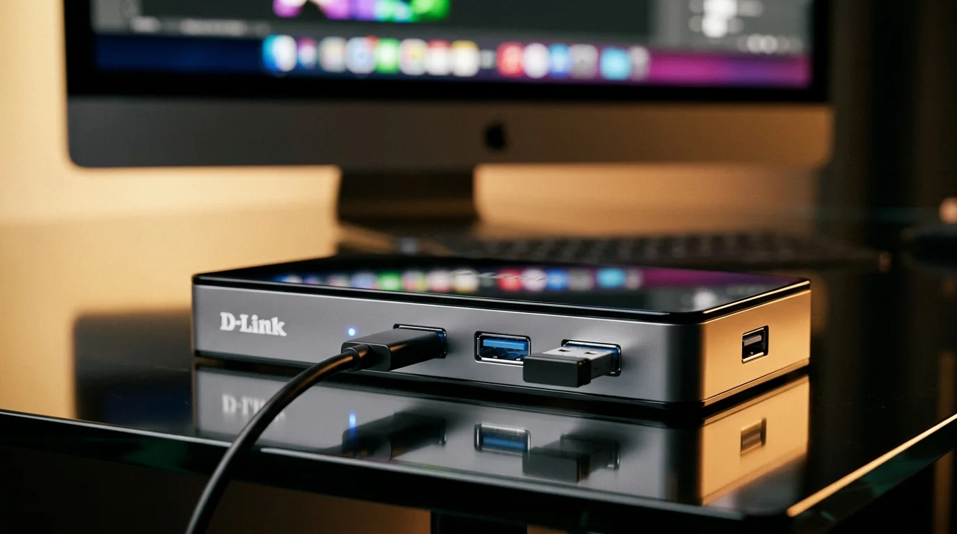 USB hub D-Link DUB-1340 se zapojeným kabelem a USB přijímačem na lesklém stole před rozostřeným monitorem počítače.