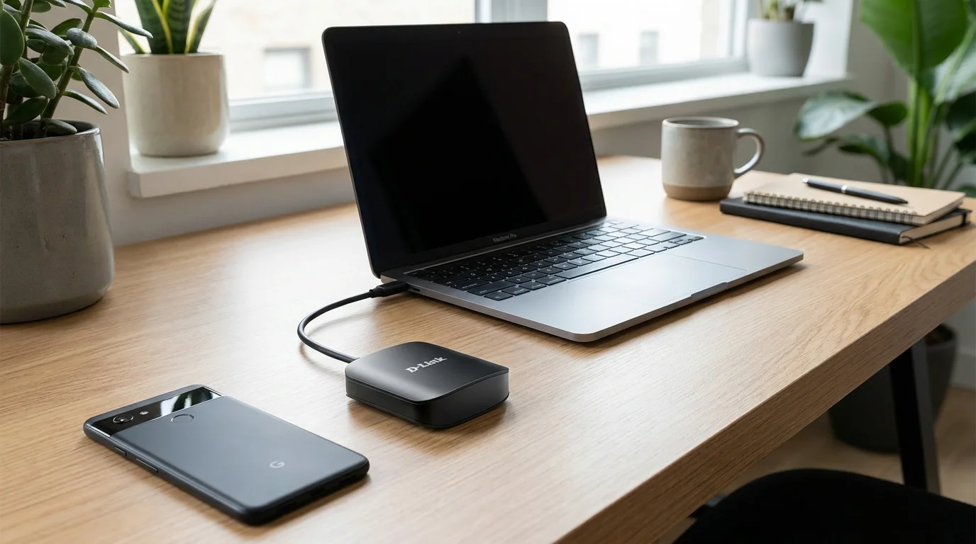 Černý USB hub D-Link připojený k notebooku na dřevěném stole vedle smartphonu.