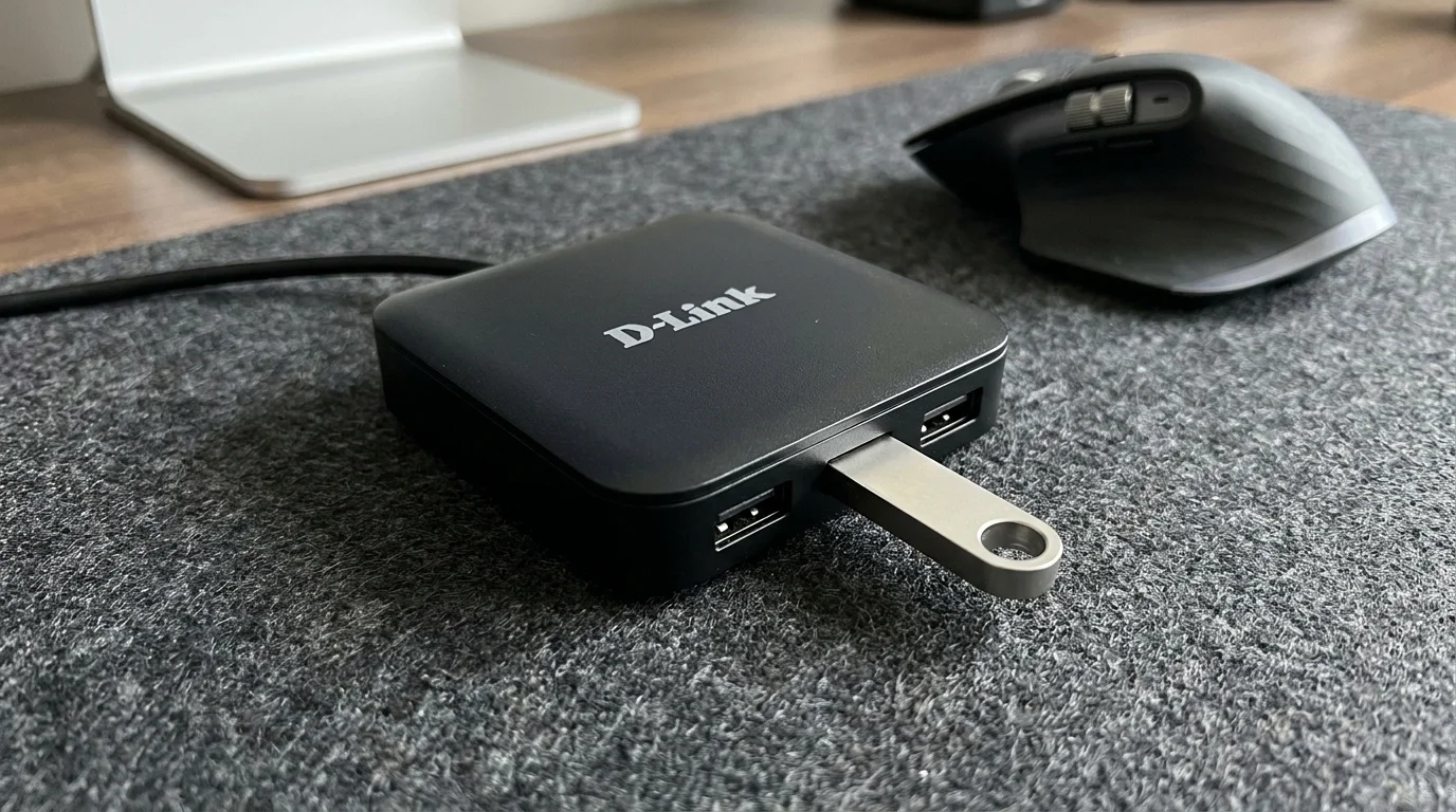 Černý USB hub D-Link s připojeným stříbrným flash diskem na šedé plstěné podložce.