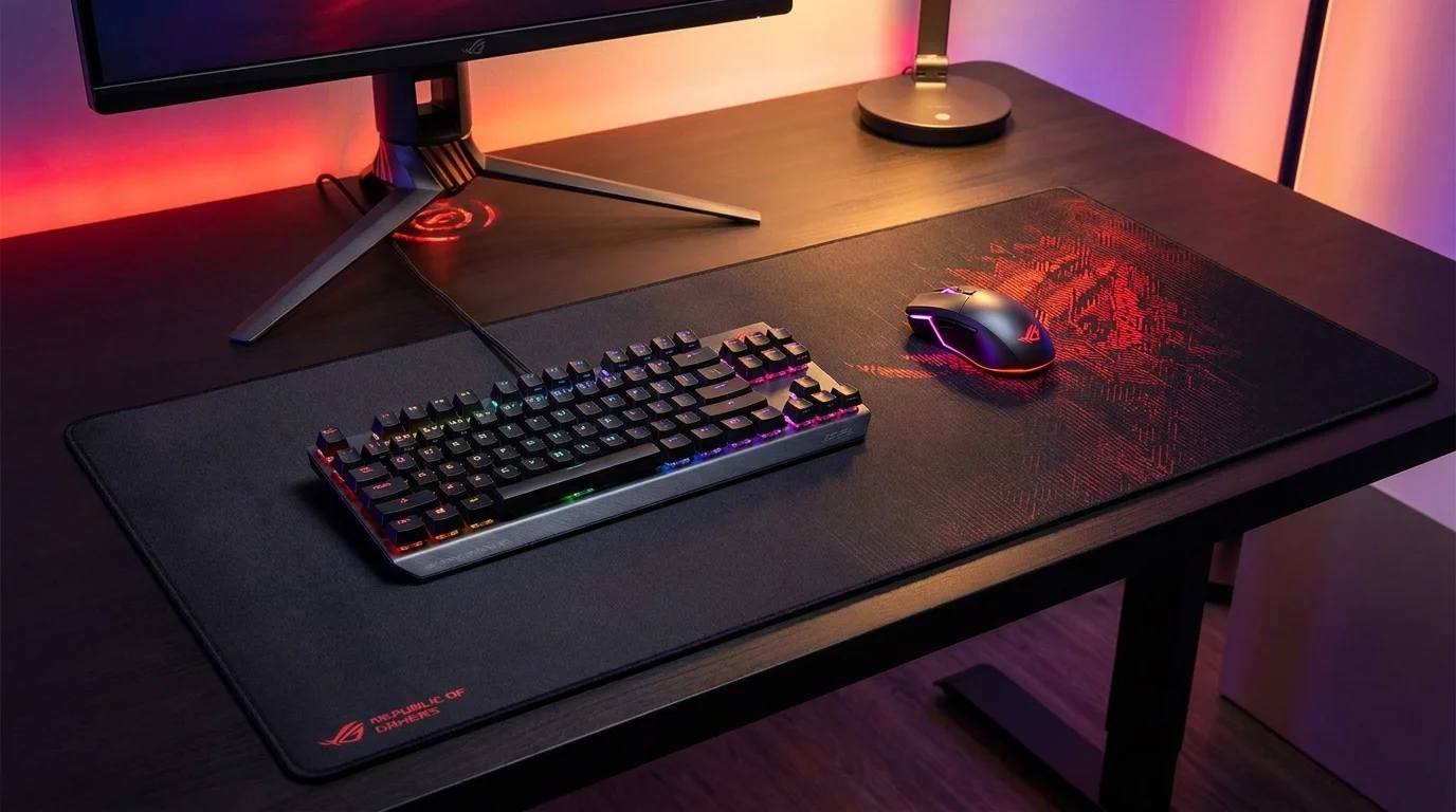 Veľká herná podložka pod myš Asus ROG Sheath na tmavom stole s hernou klávesnicou a svietiacou myšou.
