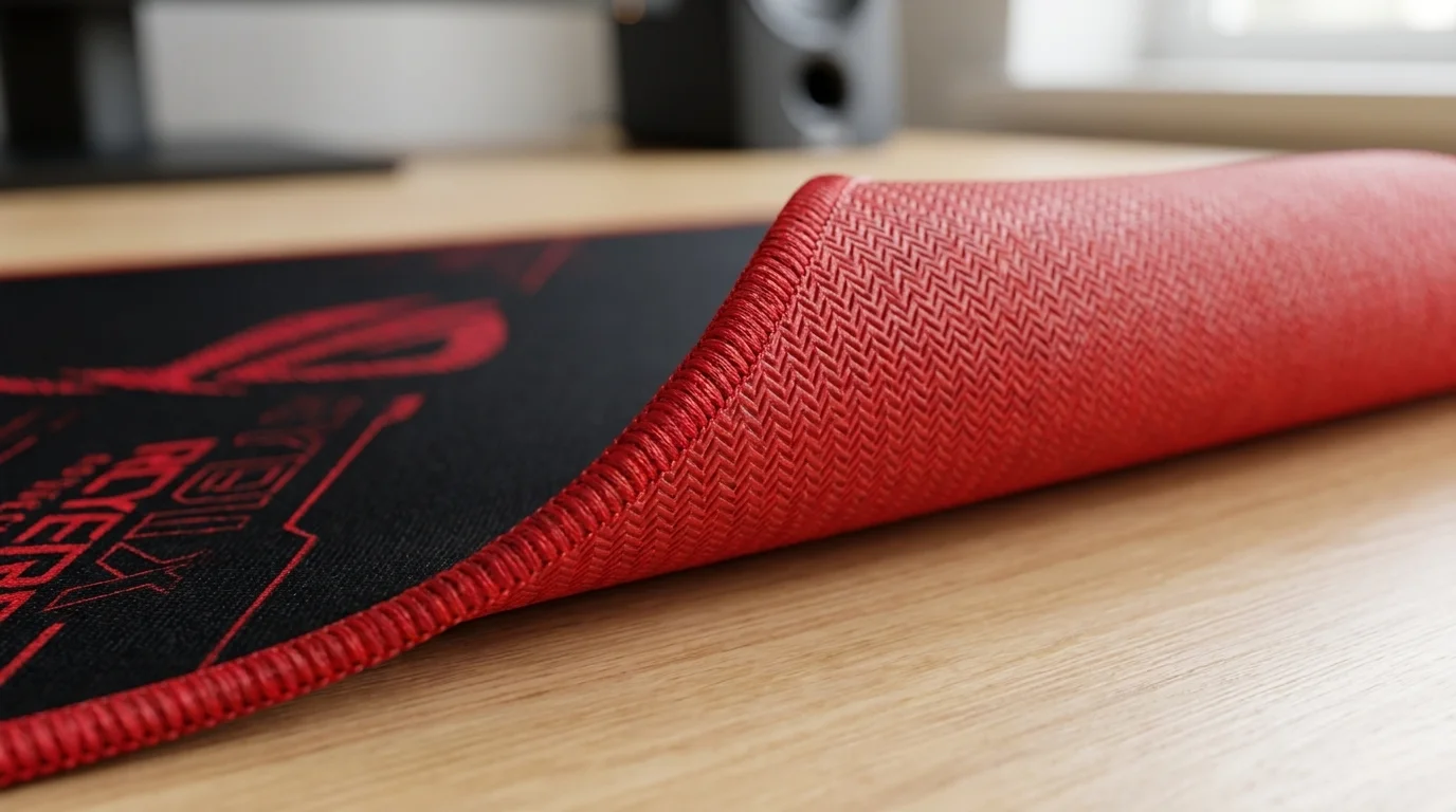 Detailný pohľad na hernú podložku Asus ROG Sheath s červeným obšitým okrajom a protišmykovou spodnou stranou na drevenom stole.