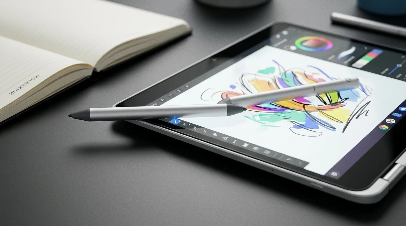 Strieborný stylus HP Wireless Rechargeable USI Pen položený na obrazovke Chromebooku s farebnou digitálnou kresbou.
