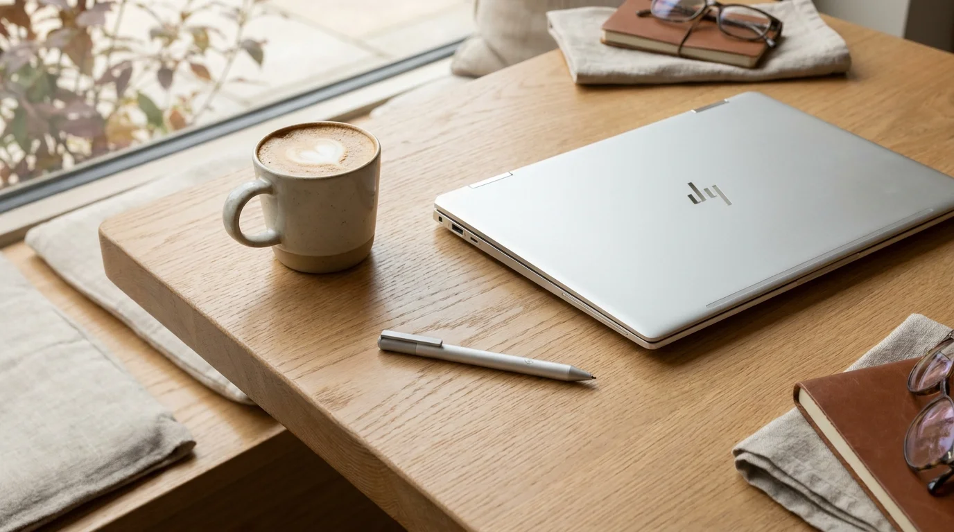 Strieborné dotykové pero HP Wireless Rechargeable USI Pen leží na drevenom stole vedľa zatvoreného notebooku HP a šálky kávy.