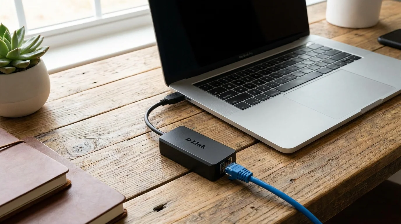 Černý USB adaptér D-Link DUB-1312 zapojený do stříbrného notebooku s připojeným modrým ethernetovým kabelem na dřevěném stole.