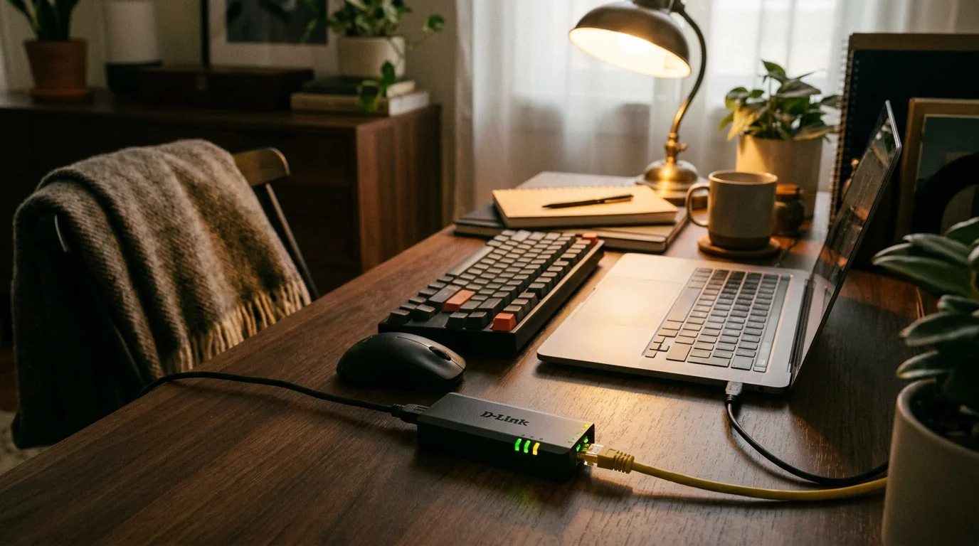 USB adaptér D-Link DUB-1312 se svítícími zelenými kontrolkami je na dřevěném stole připojen k notebooku a žlutému ethernetovému kabelu.