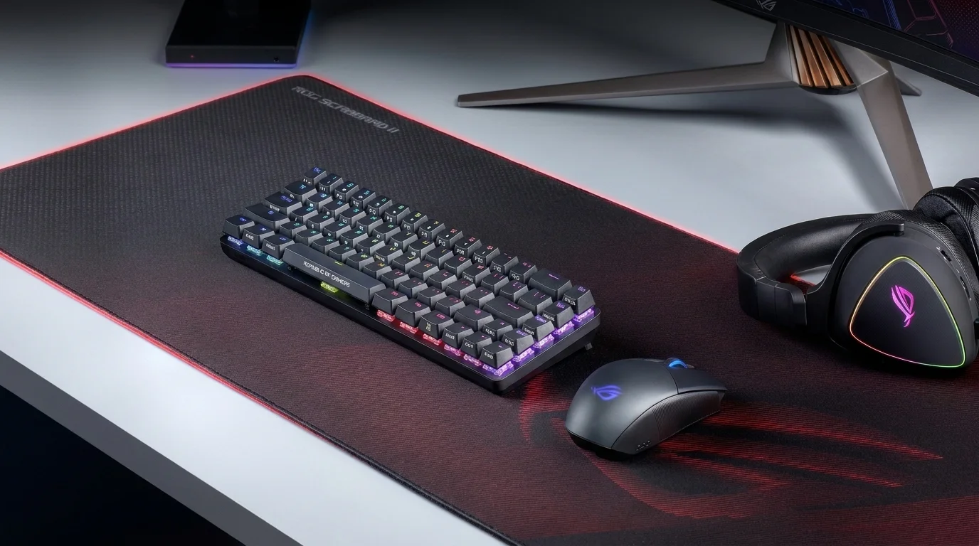Prostorná herní podložka Asus ROG Scabbard II s položenou podsvícenou klávesnicí, bezdrátovou myší a sluchátky.