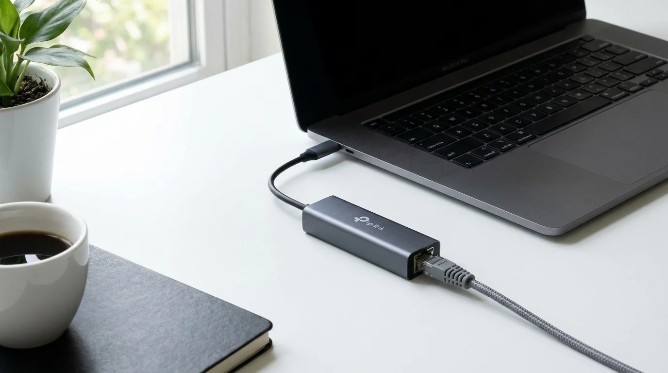 Sieťový adaptér TP-Link UE302C zapojený do USB-C portu notebooku a pripojený k ethernetovému káblu na bielom stole.