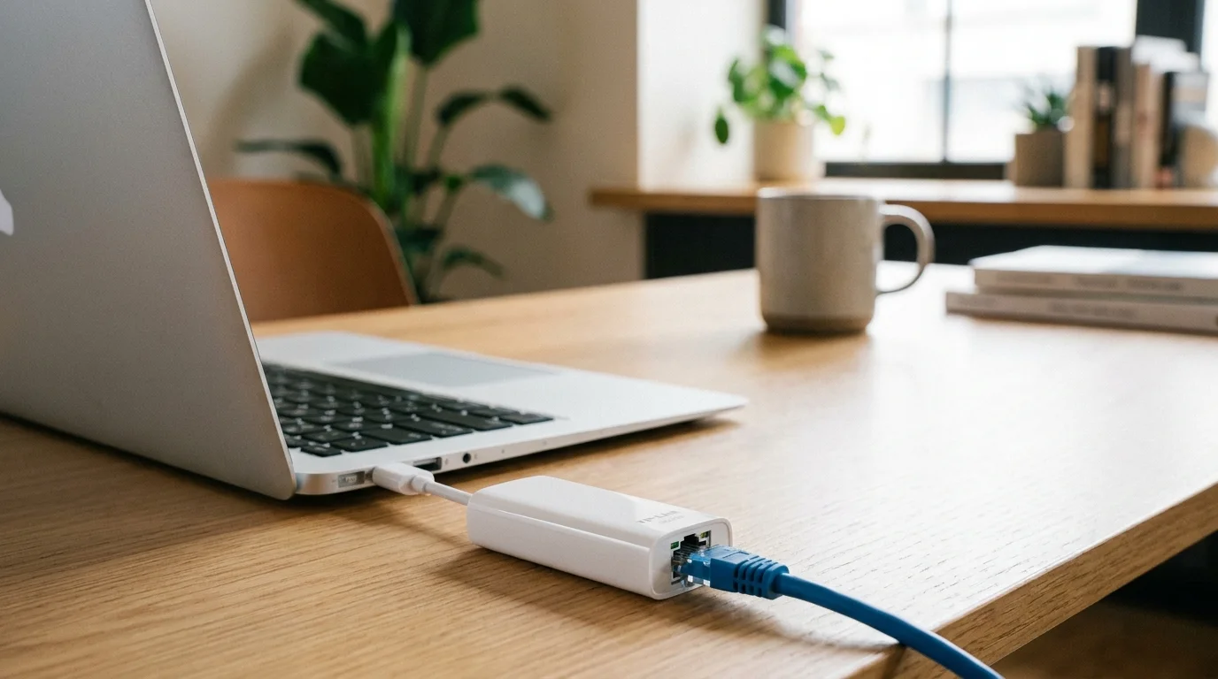 Biely USB ethernetový adaptér TP-Link UE300 pripojený k notebooku a modrému sieťovému káblu na drevenom stole.