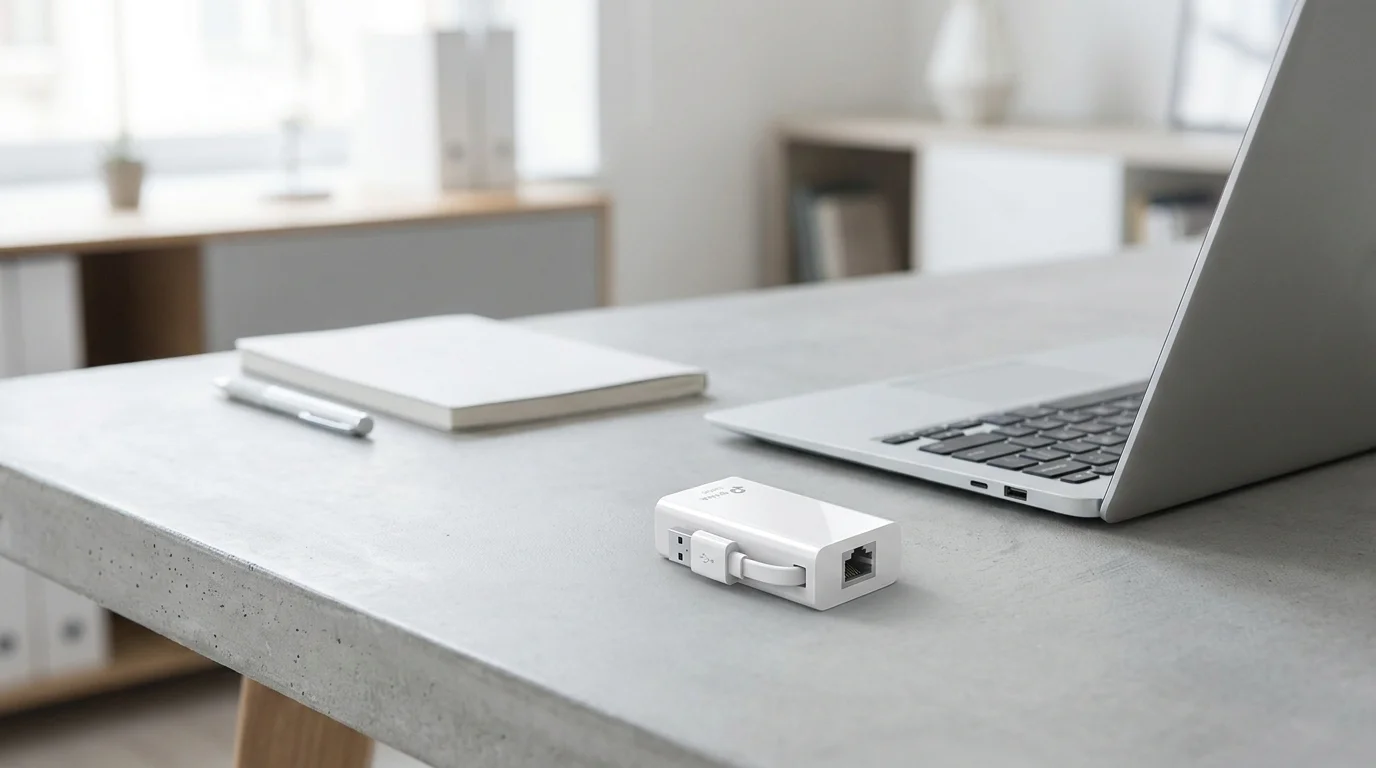 Biely USB ethernetový adaptér TP-Link UE300 so sklopeným káblom leží na sivom stole vedľa notebooku.