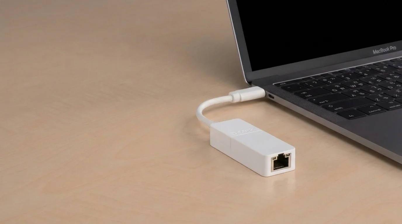 Bílý USB-C ethernetový adaptér D-Link DUB-E130 zapojený do stříbrného notebooku na dřevěném stole.