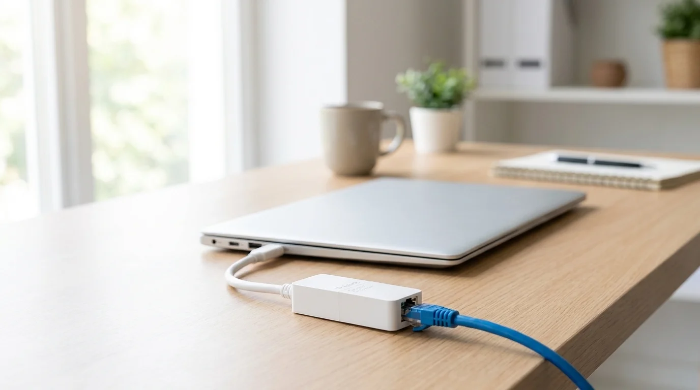 Bílý USB-C ethernetový adaptér D-Link DUB-E130 zapojený do notebooku a připojený k modrému síťovému kabelu na dřevěném stole.