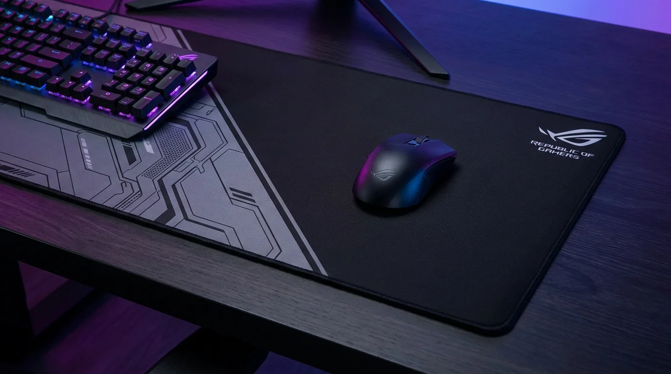 Veľká herná podložka pod myš Asus ROG Sheath s položenou hernou klávesnicou a bezdrôtovou myšou na tmavom stole.