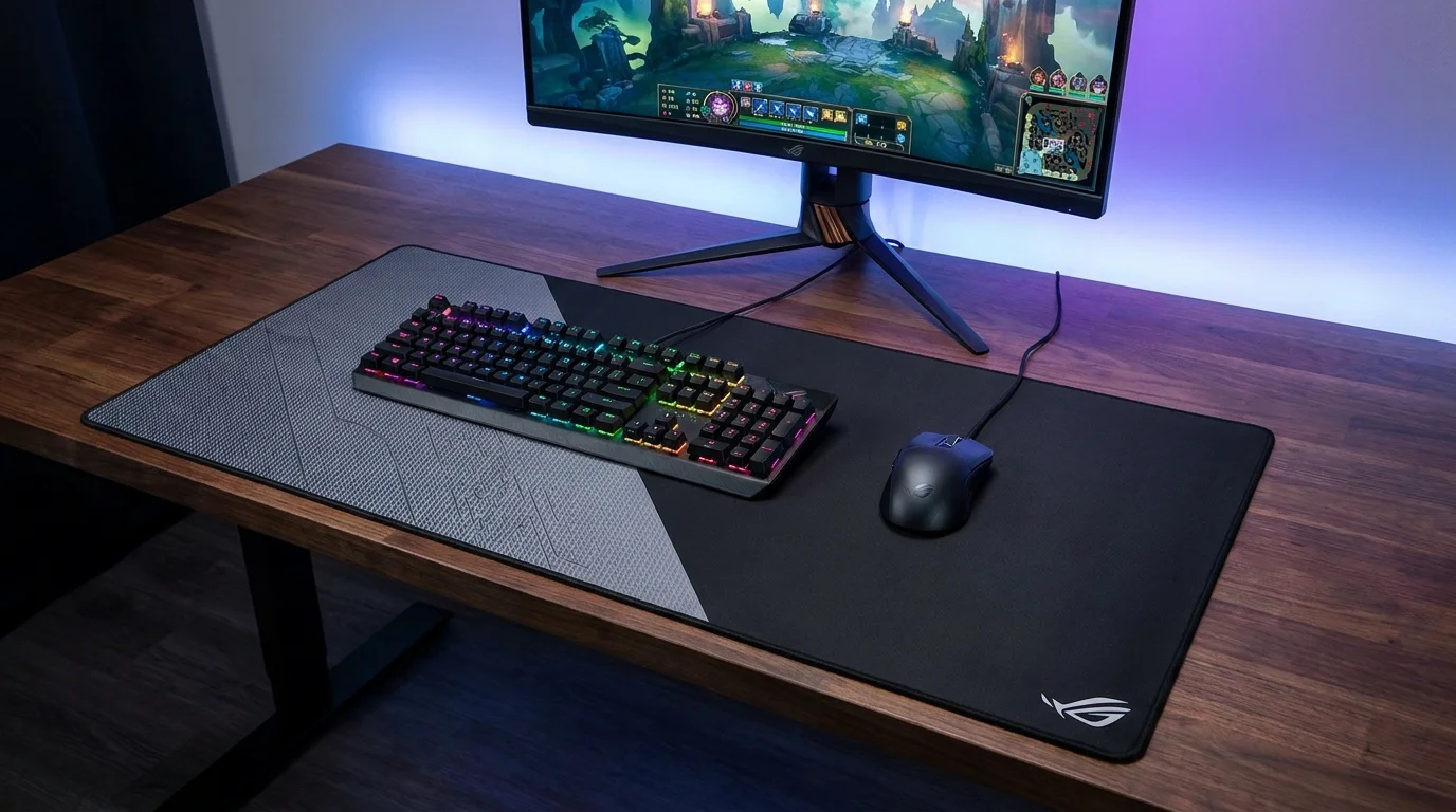 Čierno-sivá herná podložka pod myš Asus ROG Sheath na drevenom stole s hernou klávesnicou, myšou a monitorom v pozadí.