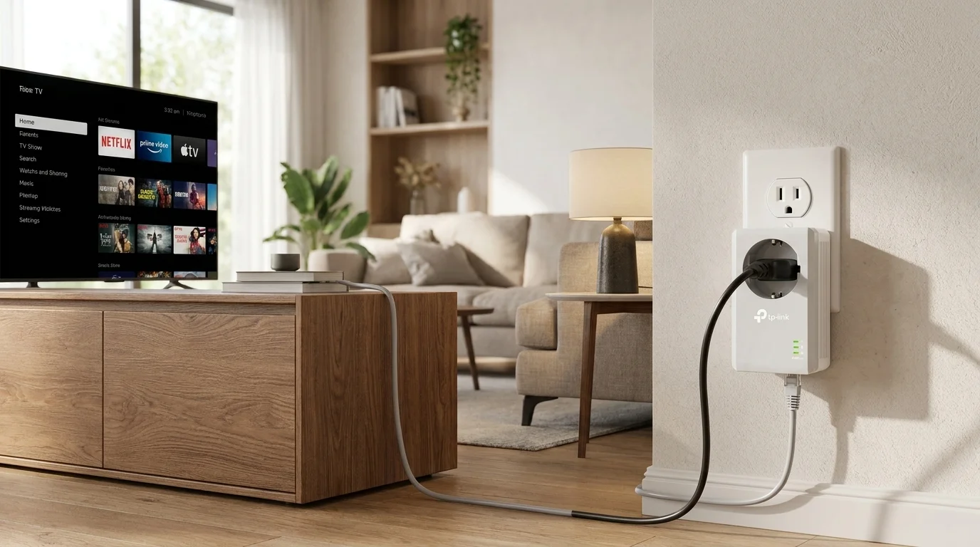 Powerline adaptér TP-Link TL-PA4010P KIT zapojený do zásuvky v obývacím pokoji s připojeným síťovým a napájecím kabelem.
