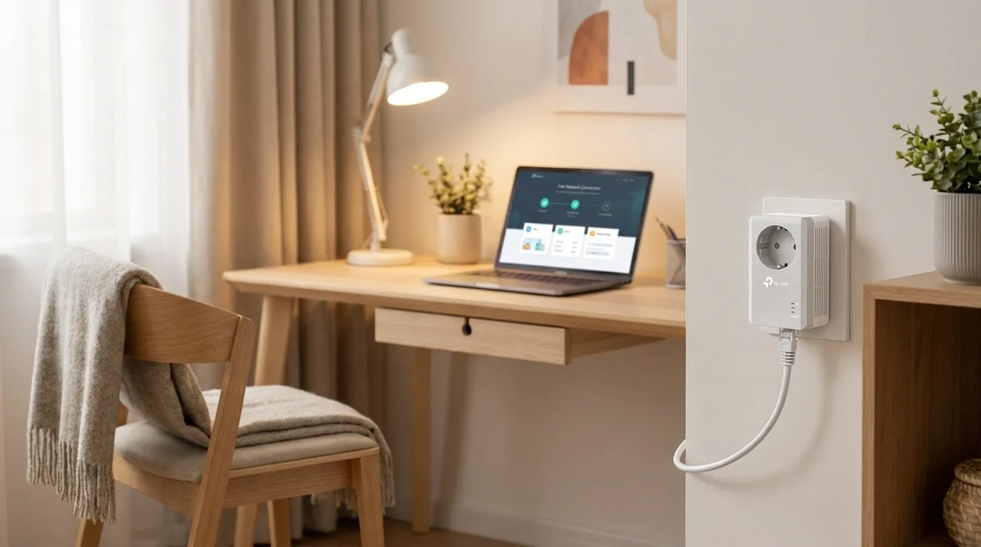 Powerline adaptér TP-Link TL-PA4010P zapojený do zásuvky v domácí pracovně s notebookem na stole.