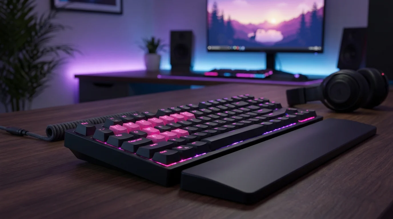 Čierna mechanická klávesnica s podsvietením a ružovými klávesmi HyperX Rubber Keycaps na drevenom stole.