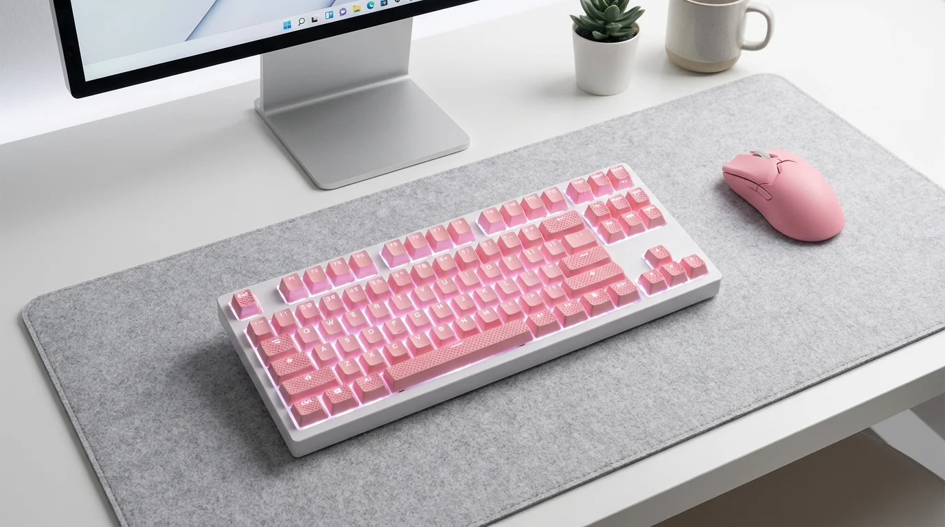 Biela mechanická klávesnica s nainštalovanými ružovými klávesmi HyperX Rubber Keycaps na sivej plstenej podložke.
