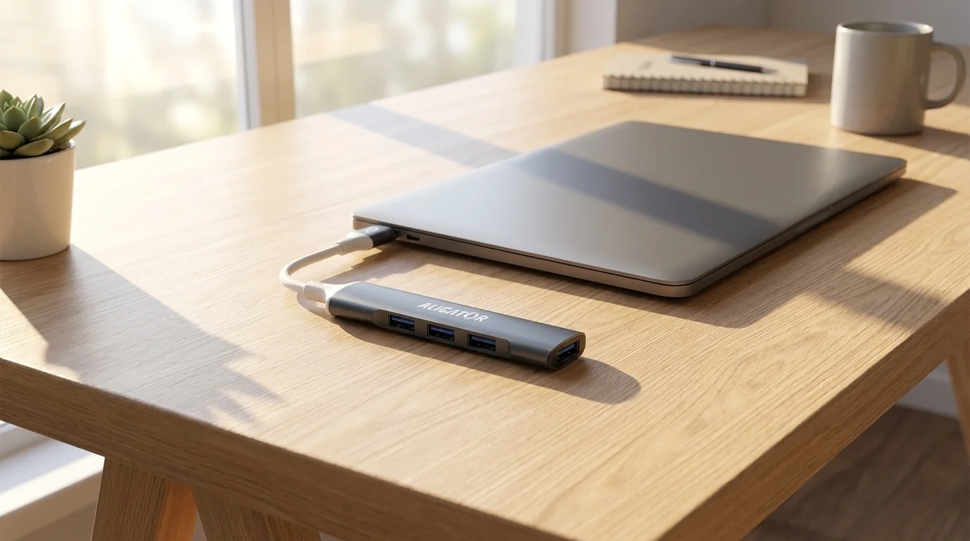 Šedý USB Hub Aligator USB-C se čtyřmi porty USB-A připojený k notebooku na dřevěném stole.