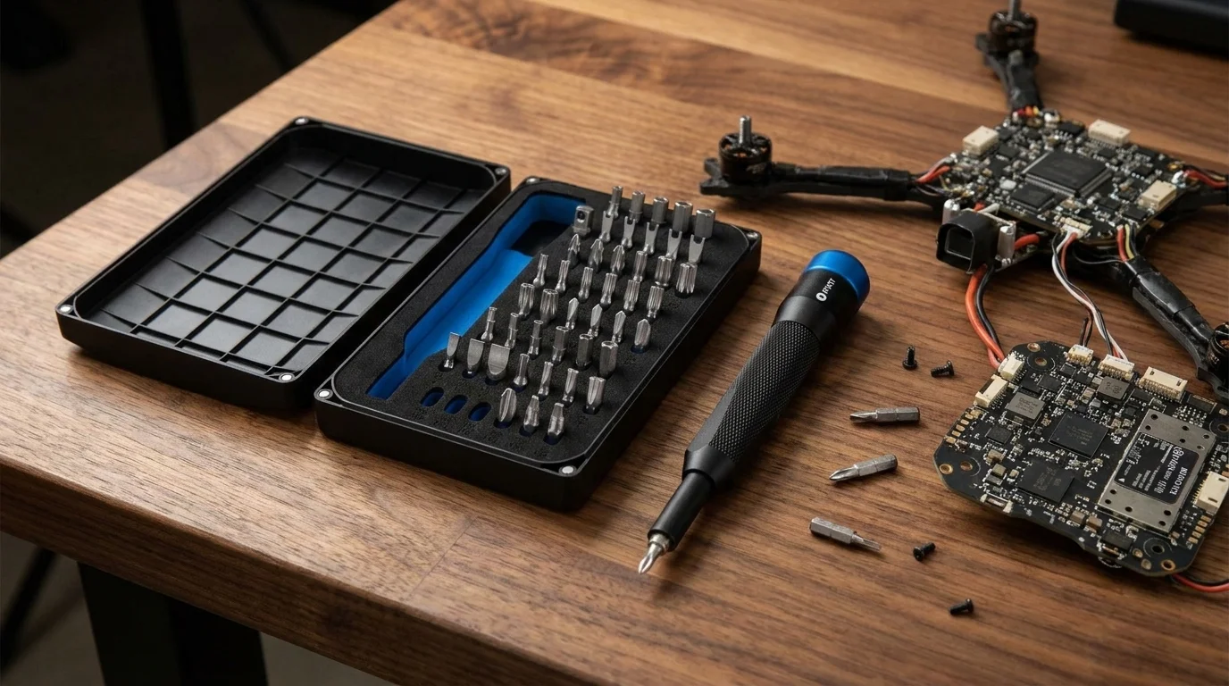 Otevřená sada šroubováku iFixit se 48 bity a rukojeť leží na dřevěném stole vedle rozložené elektroniky.