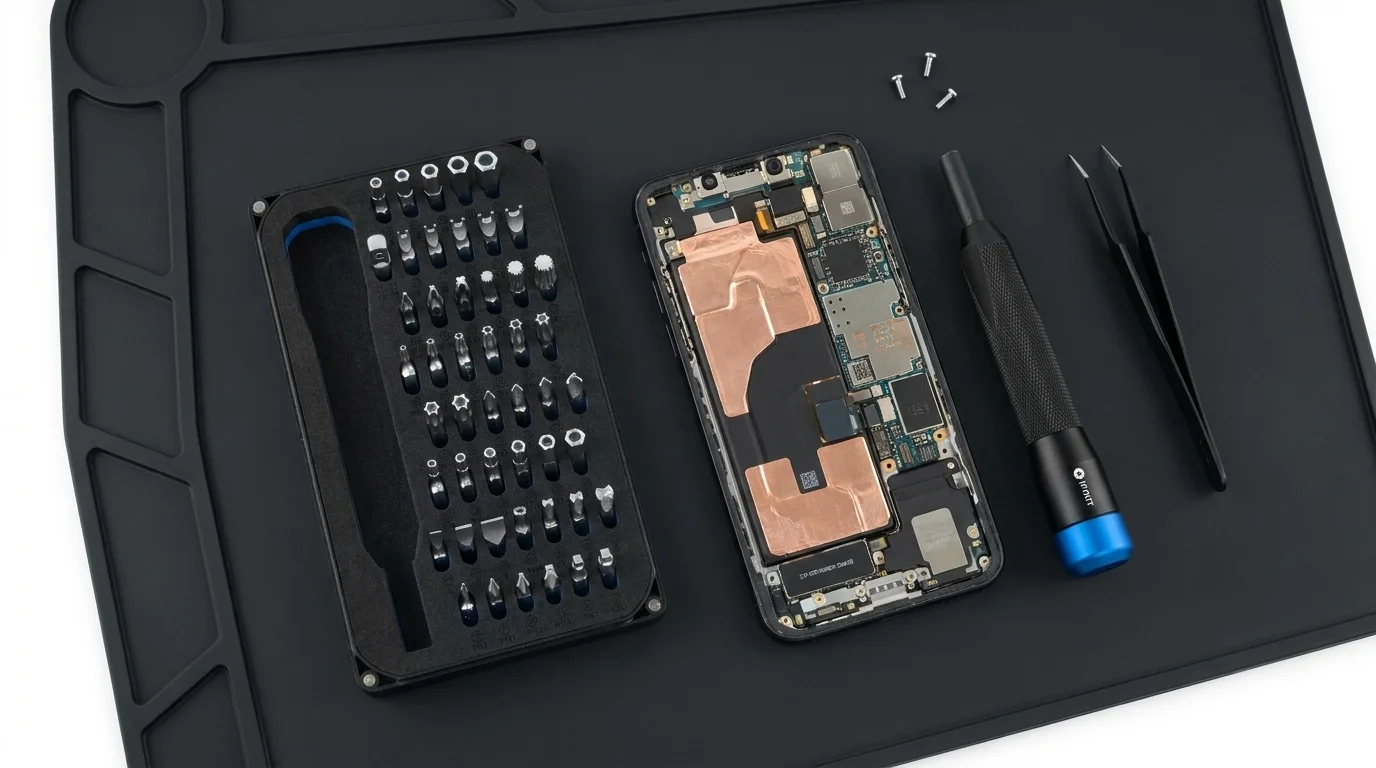 Otevřená sada bitů iFixit, hliníkový šroubovák, pinzeta a rozložený chytrý telefon na černé pracovní podložce.