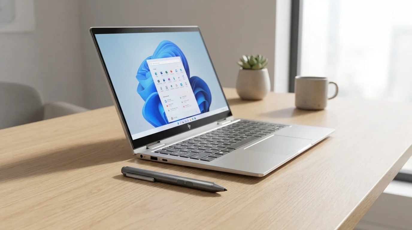 Sivé dotykové pero HP MPP 1.5 Pen položené na drevenom stole pred otvoreným strieborným notebookom HP.