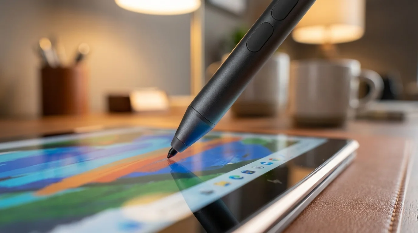 Detailný pohľad na stylus HP MPP 1.5 Pen dotýkajúci sa obrazovky tabletu s farebnou kresbou.