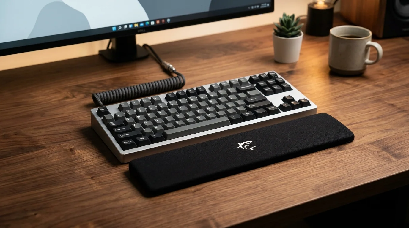 Černá ergonomická opěrka pod zápěstí White Shark s bílým logem leží před mechanickou klávesnicí na dřevěném stole.