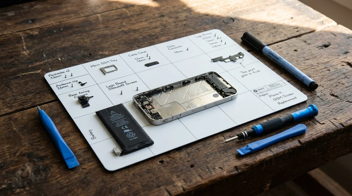 Magnetická podložka iFixit s rozloženými součástkami telefonu, popisovačem a servisním nářadím na dřevěném stole.