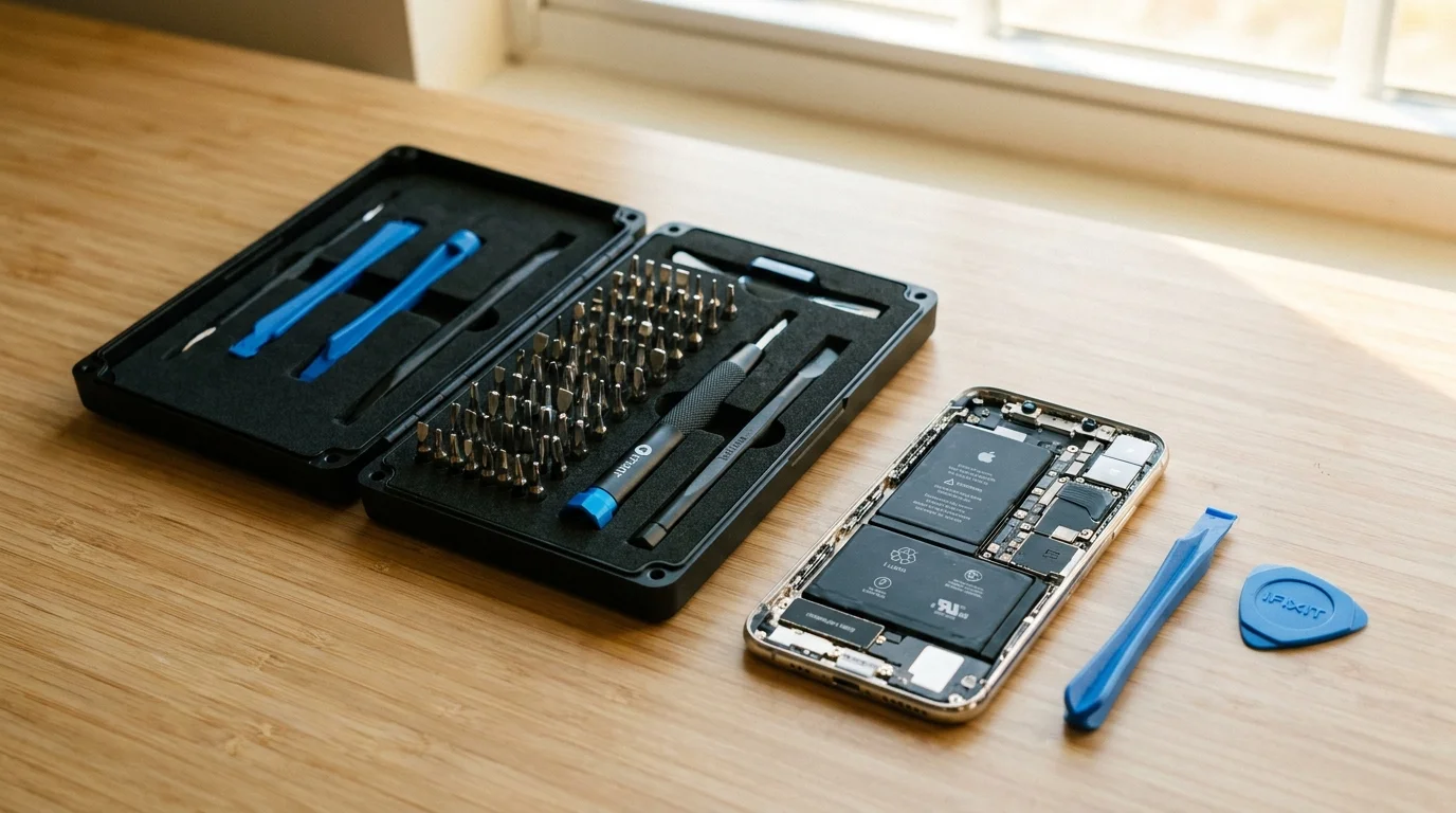 Otevřená sada iFixit Essential Electronics Toolkit s nářadím a bity leží na dřevěném stole vedle rozebraného chytrého telefonu.